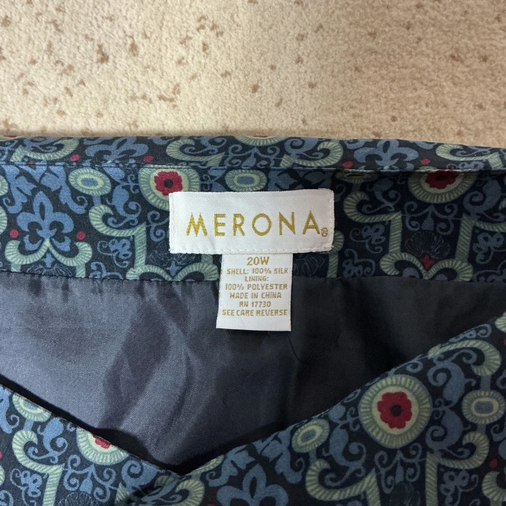 Merona Womens 20W Blue Silk Medallion Print‎ Midi Skirt Lined Plus Size RN 17730